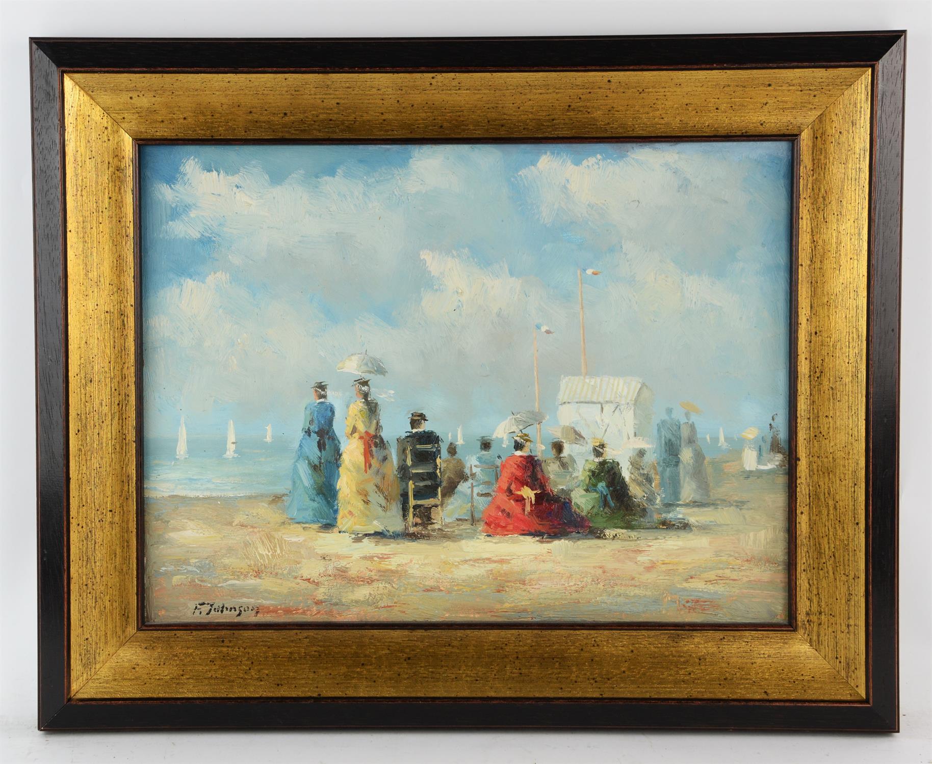 F. Johnson (20th century) in the manner of Eugene Boudin, Beach scene with figures in 19th century