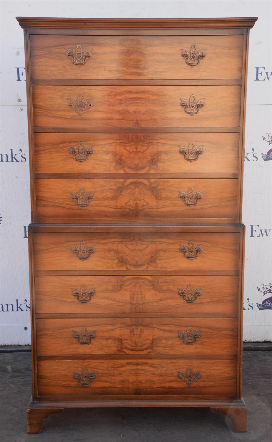 A George II style walnut chest on chest, in two parts, H 164cm, W 86cm, D 48cm