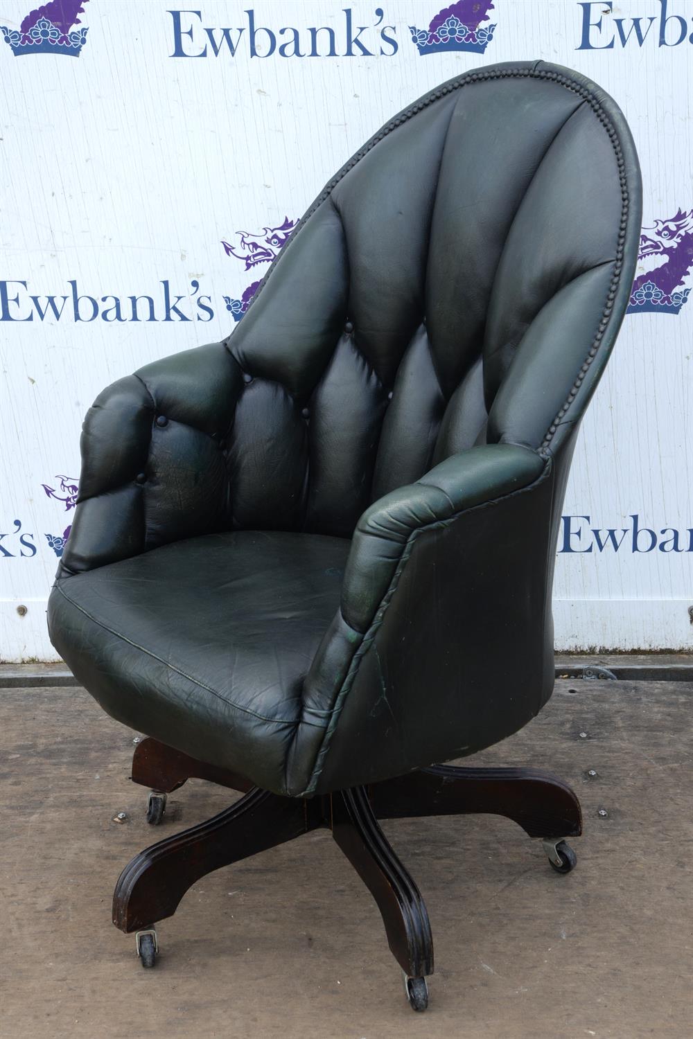 Dark green leather upholstered office chair, button back and nailed upholstery, on wooden four leg - Image 2 of 3