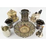 Mixed lot of silver plate and other items to include biscuit barrels, bottle holders and cutlery,
