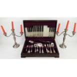 Cooper Bros, part canteen of silver plated cutlery in a mahogany box and a pair of three light