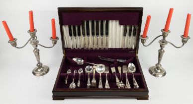Cooper Bros, part canteen of silver plated cutlery in a mahogany box and a pair of three light