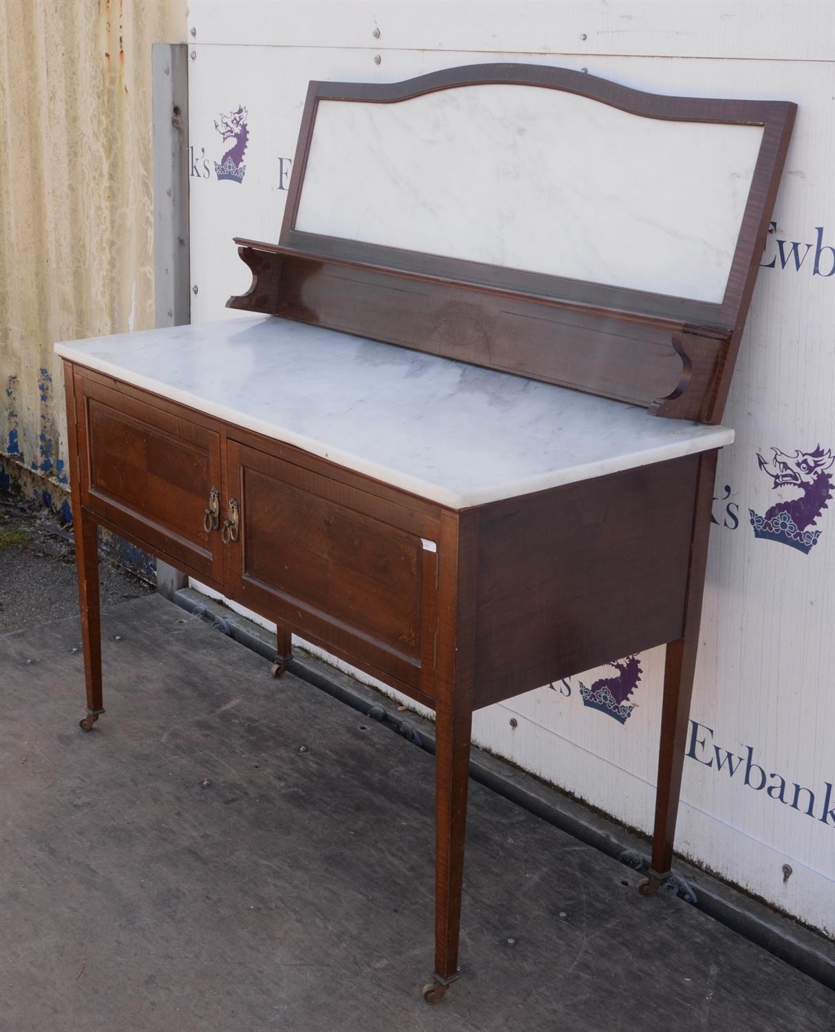 An Edwardian mahogany and inlaid washstand, with marble splashback and marble top, with two doors, - Image 2 of 3