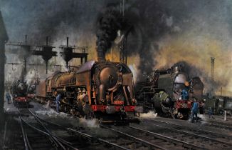 Terence Cuneo (1907-1996), ‘Stabling for Giants, The Locomotive Depot, Boulogne’,