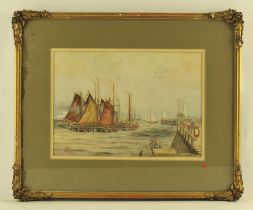 H** F** S** (19th century). Figures on a quay with lighthouse and fishing fleet, watercolour,