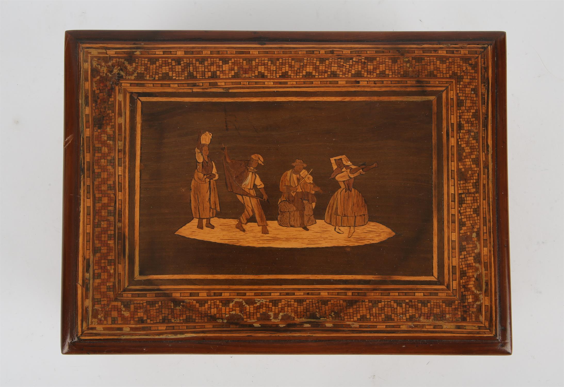 An Italian Sorrento ware box, late 19th/early 20th century, the lid inset with a panel of dancing - Image 2 of 3