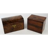 A Victorian burr walnut twin division tea caddy of domed form, width 24.5cm and a rosewood tea