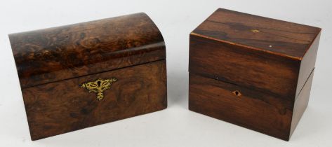 A Victorian burr walnut twin division tea caddy of domed form, width 24.5cm and a rosewood tea