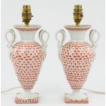 A pair of Herend style porcelain table lamps with swan neck handles, 25cm high. (2)