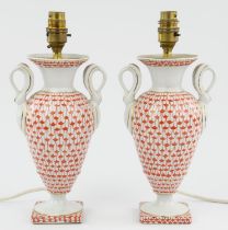 A pair of Herend style porcelain table lamps with swan neck handles, 25cm high. (2)