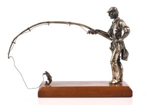Cast silver figure of a fisherman holding a rod with fish on line by M & SJ import, London, 1860