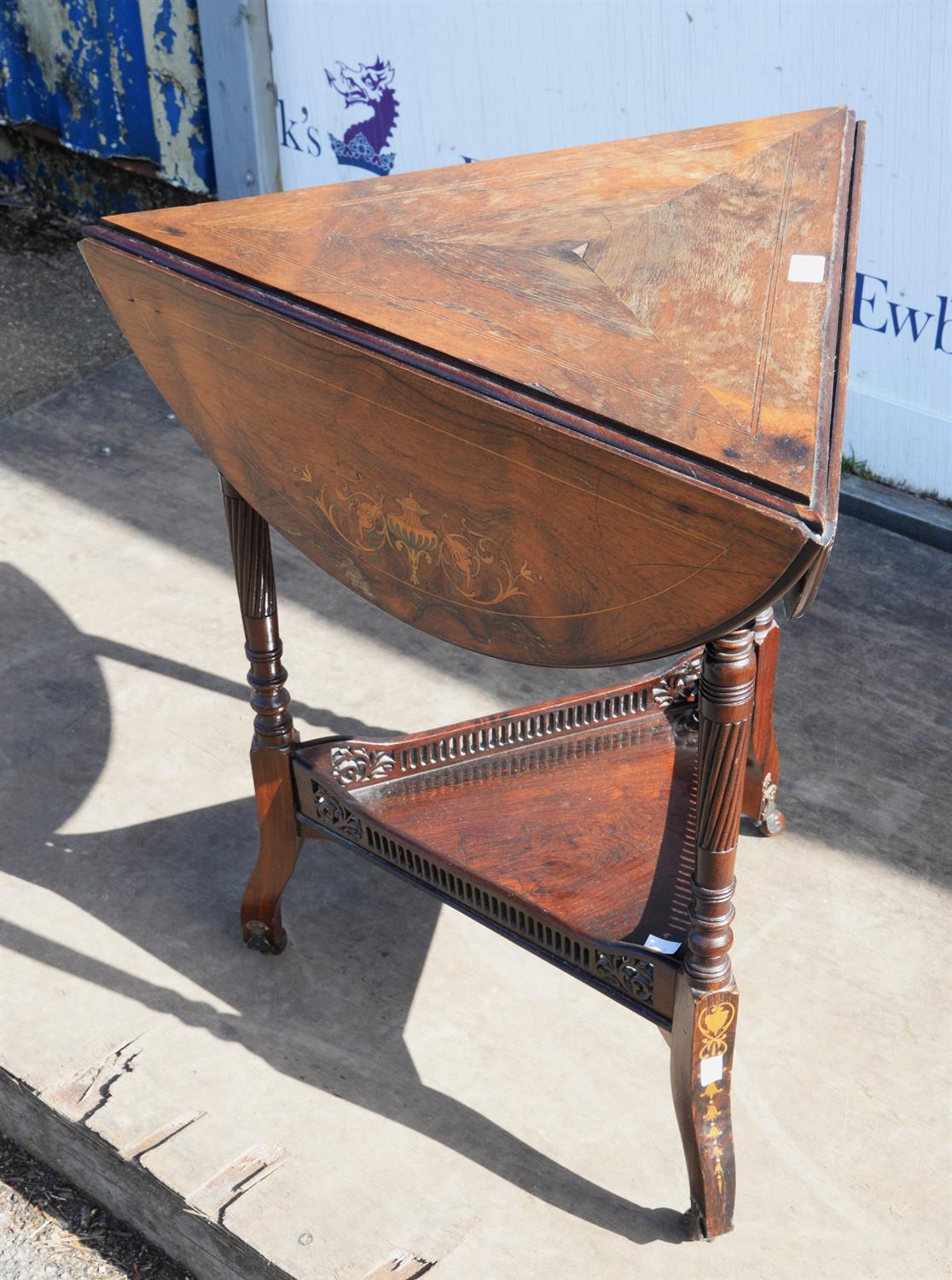 An Edwardian rosewood and inlaid envelope occasional table, each flap inlaid with flowering urns, - Image 2 of 4