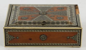 Anglo-Indian bone and metal inlaid box, 19th Century, with lifting lid to enclose seven segregated
