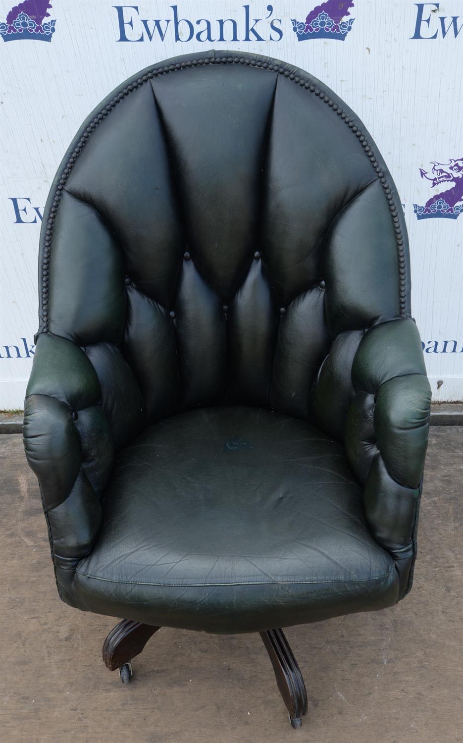 Dark green leather upholstered office chair, button back and nailed upholstery, on wooden four leg - Image 3 of 3