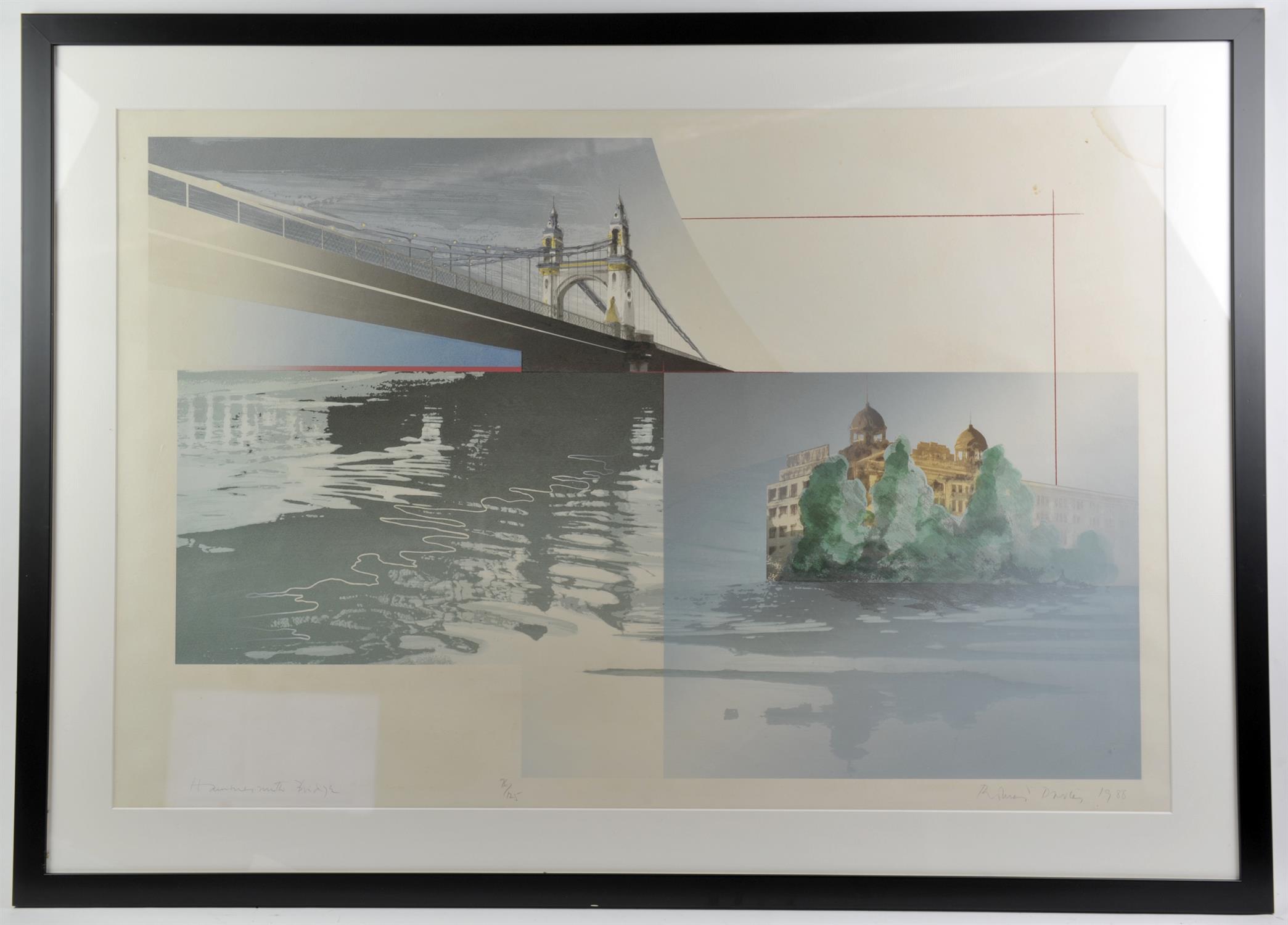 Richard Davies (British b. 1944), Hammersmith Bridge, colour screen print, signed, dated 1988, - Image 2 of 3
