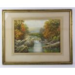 Charles A Bool (19th/20th Century), Autumnal river scene with bridge, watercolour,