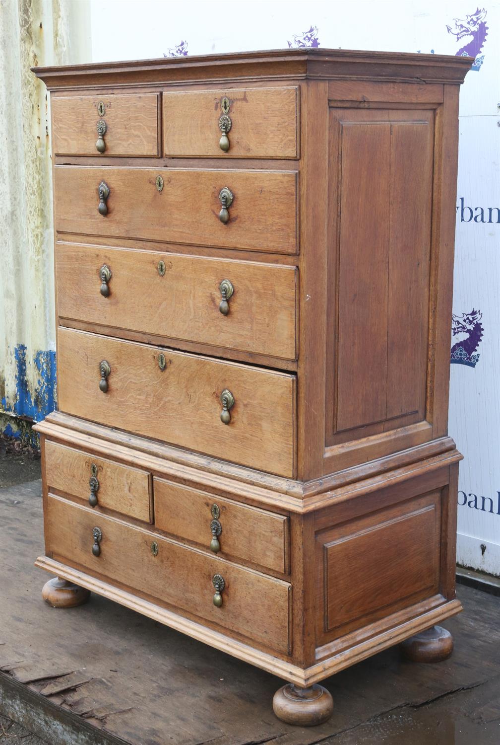 A George II oak chest on chest, sides panelled, on later bun feet, H 132cm, W 102cm, D 58cm - Image 3 of 3