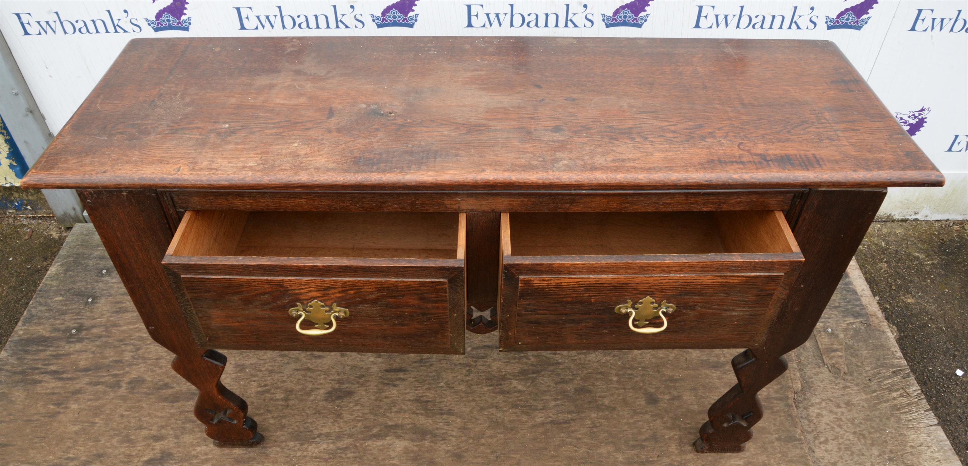 Oak side table, 20th Century, rectangular top, two frieze drawers, pierced stile legs, - Image 2 of 3