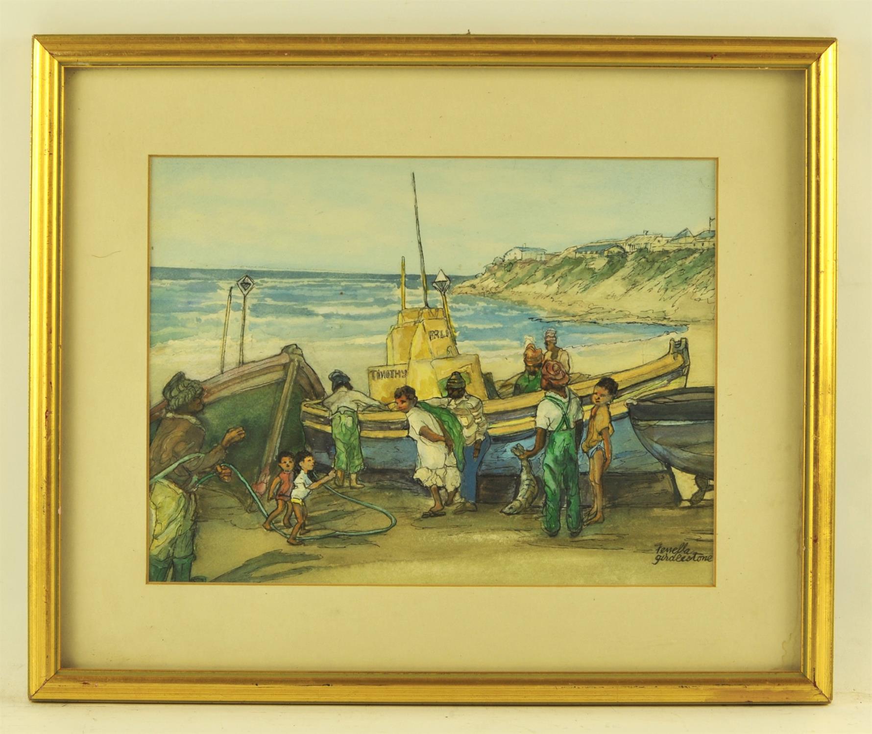 Fenella Girdlestone (early 20th century), Figures round a beached boat ‘Timothy’, possibly India,