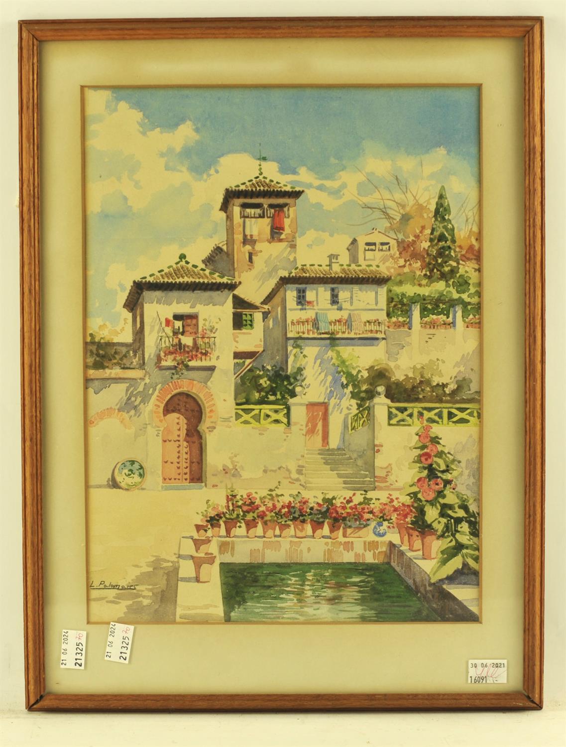 L. Palomares (20th century), A Continental Villa with flowers round a swimming pool, watercolour,