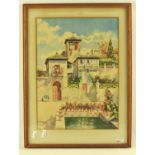 L. Palomares (20th century), A Continental Villa with flowers round a swimming pool, watercolour,