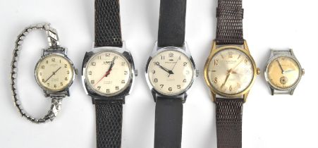A group of five watches including a Jaquet-Droiz on leather strap, a Limit on leather strap,