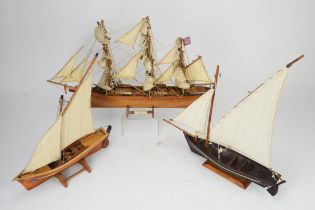 Scratch built scale model of the Cutty Sark, H34cms together with two skiffs, H46cms