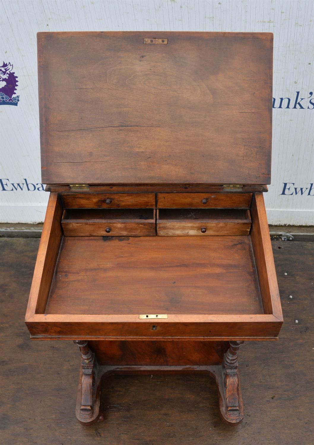 A Victorian walnut davenport, the upper hinged compartment now void, H 81cm, W 53cm, D 53cm - Image 3 of 4