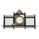 Aesthetic Movement ebonised wood overmantel mirror, with arched central cresting containing a