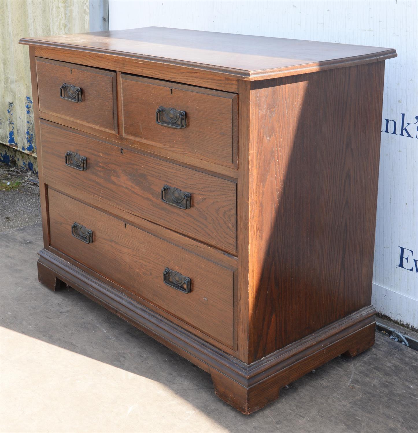 An Edwardian oak dressing chest of drawers, formerly with mirror surmount, the bracket feet with - Image 2 of 4