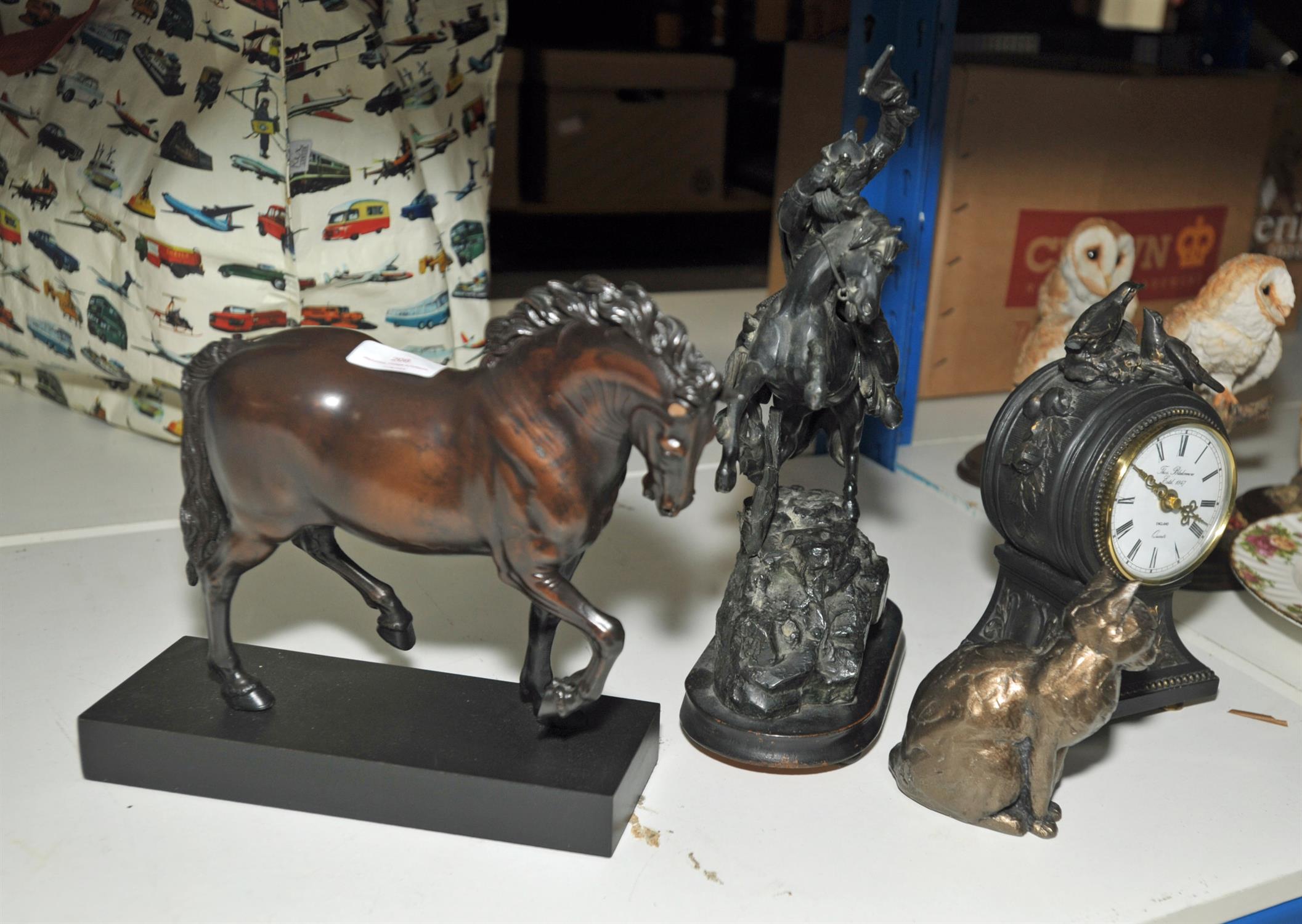 Spelter figure of a knight on a horse, a Chinese bronze in the Tang style, a resin figure of a - Image 2 of 2