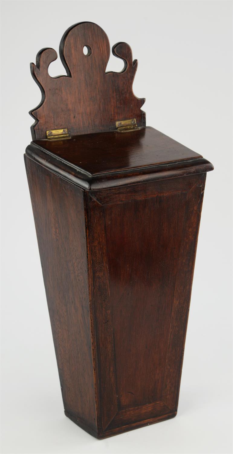 An early 19th century mahogany candle box with carved and shaped back plate, Height 44cm