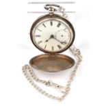 Victorian full hunter silver pocket watch on a silver chain, London, 1860