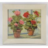 British School (20th century), Still life of geraniums, oil on canvas, indistinctly signed lower