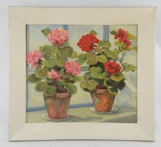 British School (20th century), Still life of geraniums, oil on canvas, indistinctly signed lower