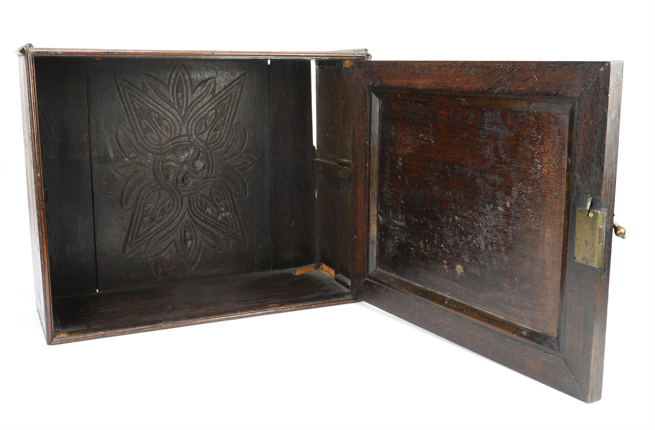 George III oak hanging cupboard, incorporating two carved 17th century panels, H42 x W52 x D212cms - Image 2 of 2