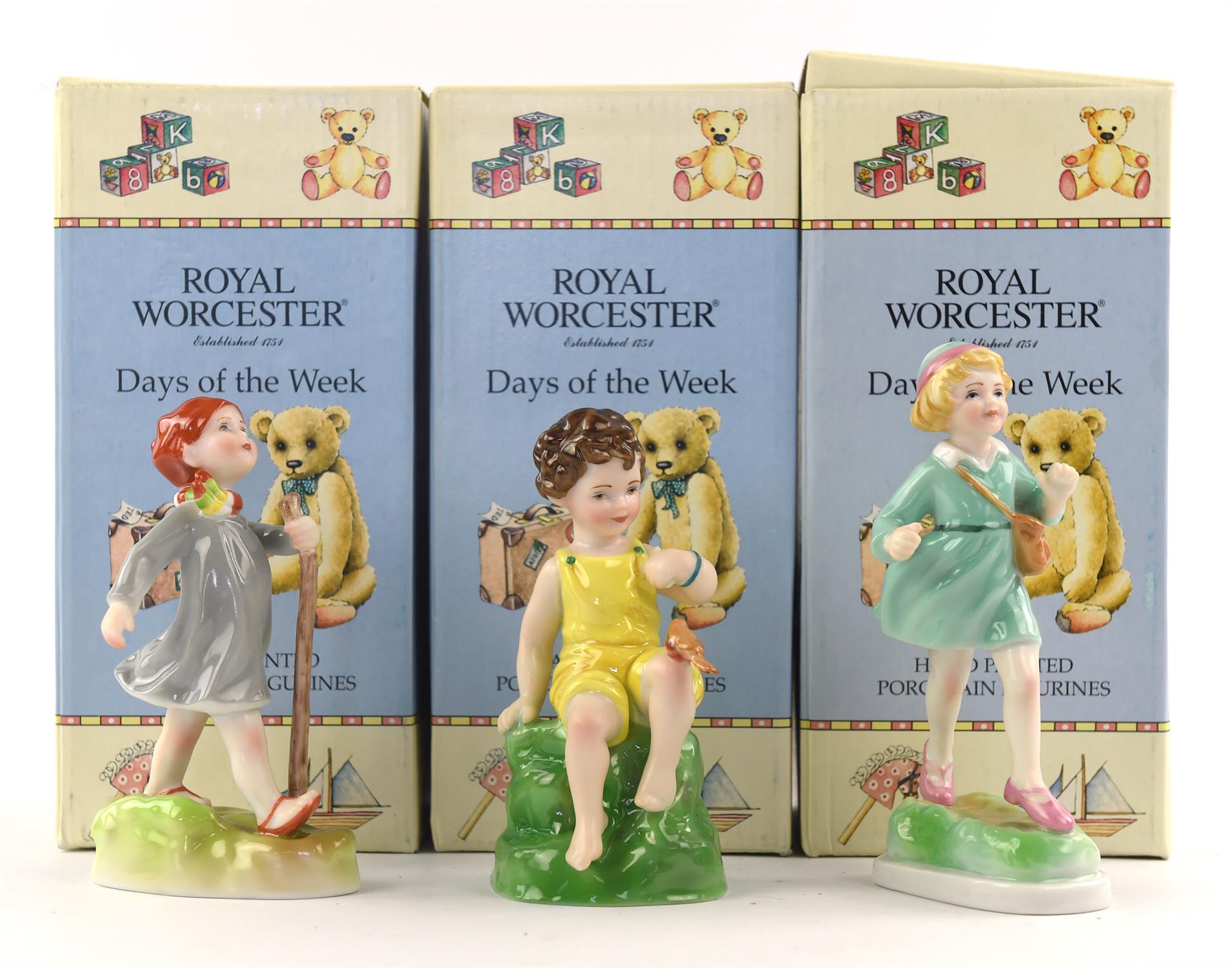 Fourteen Royal Worcester porcelain figures from 'The Days of the Week' series, all boxed. (14)