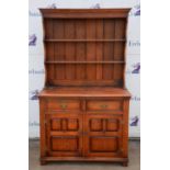 A George III style stained oak dresser, mid 20th century, H 188cm, W 112cm, D 52cm