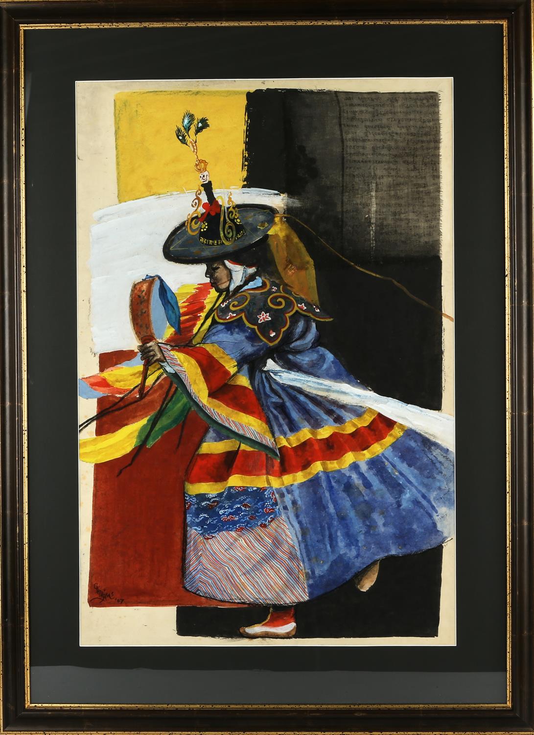 Chhime Dorji (Bhutanese contemporary), Shana: The Black Hat Dancer, watercolour, gouache and mixed - Image 2 of 3