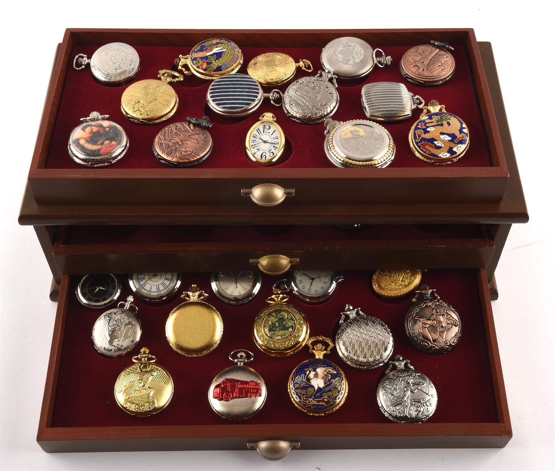 Two wooden display cases containing 81 quartz pocket watches, in base metal. (81) - Image 2 of 2