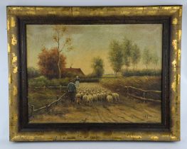 Manner of Anton Mauve, Sheep and shepherd in a landscape, oil on canvas, bears a signature lower