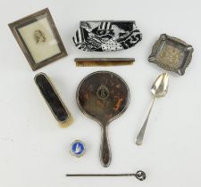 Georgian silver spoon, marks for S.A, London 1801, together with silver plated purse frame,