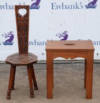 A late Victorian carved oak child's spinning chair, with pierced heart handle, H 75cm,