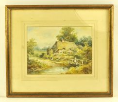 Edward A. Swan (19/20th century), Girl on a bridge over a stream, cottages beyond, watercolour,