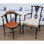 An Edwardian mahogany salon armchair, together with an Edwardian corner chair, (2)