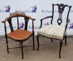 An Edwardian mahogany salon armchair, together with an Edwardian corner chair, (2)