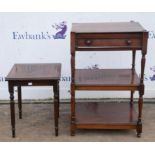 A George IV mahogany three tier whatnot, reduced, with a drawer and turned supports, H 80cm, W 52,