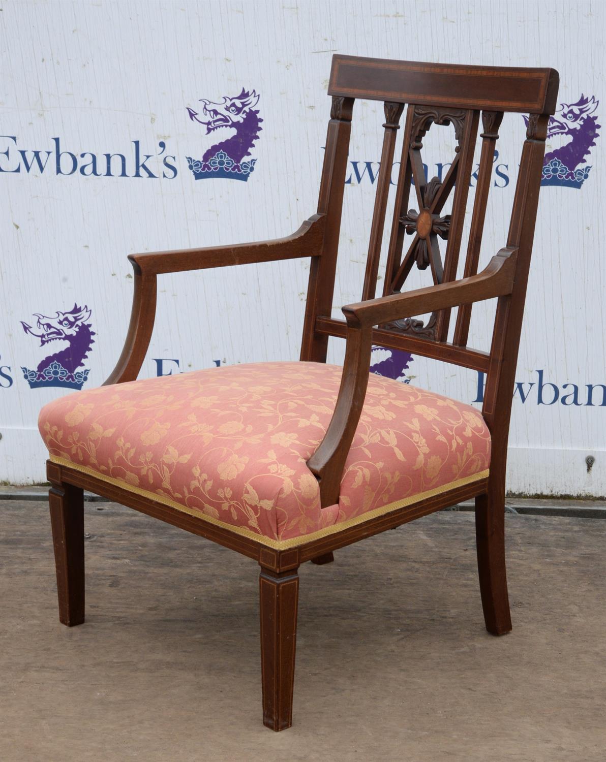 A pair of Edwardian mahogany and crossbanded salon chairs, together with an en suite armchair, - Image 4 of 4