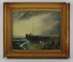 English School (19th century), Figures in a coastal scene, oil on canvas, unsigned. 23 x 19cm.