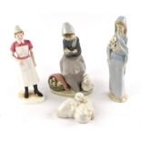 Seven Lladro porcelain figures of girls, in various attitudes, some with geese, lambs and flowers,